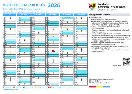 Leerungstermine der Müllabfuhr des Landkreises Garmisch-Partenkirchen für die Gemeinde Unterammergau für das erste Halbjahr 2026