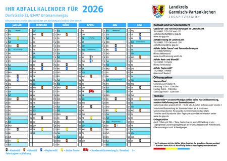 Leerungstermine der Müllabfuhr des Landkreises Garmisch-Partenkirchen für die Gemeinde Unterammergau für das erste Halbjahr 2026
